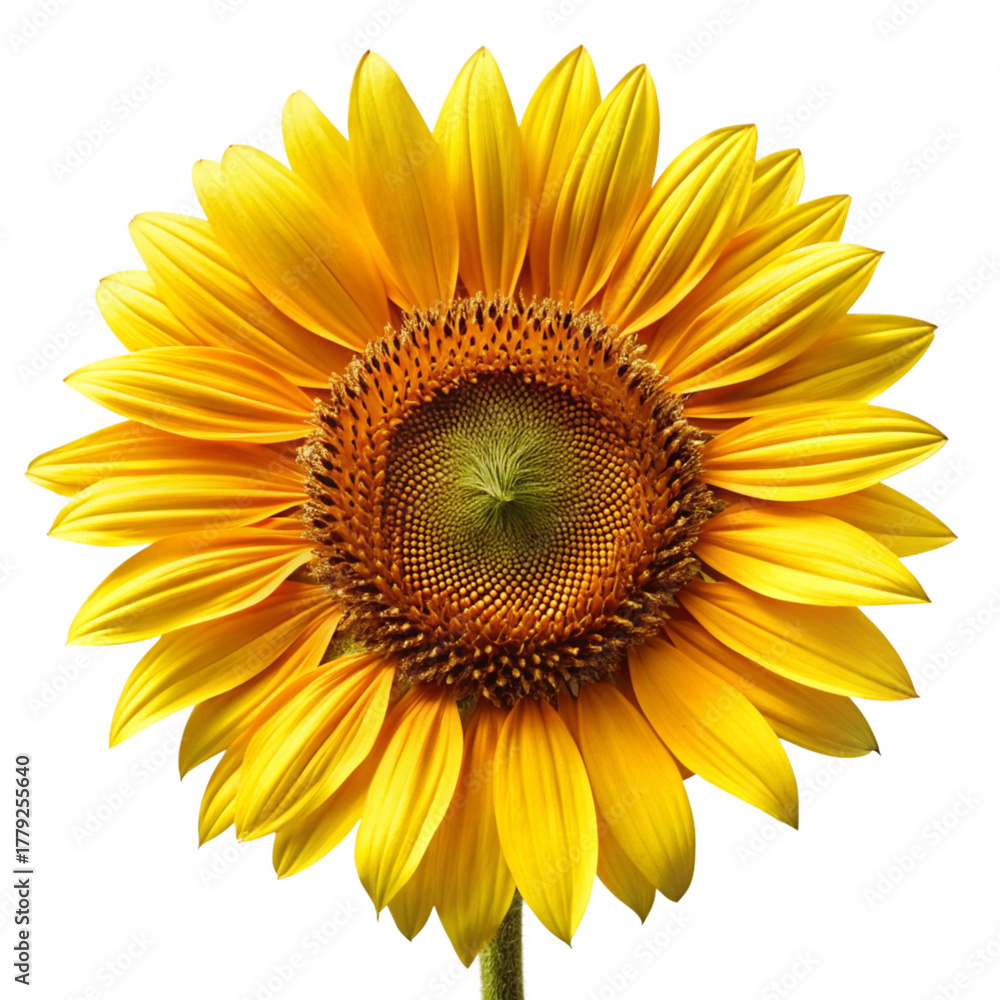 Fototapeta premium Closeup of a vibrant sunflower isolated on transparent background, showcasing its intricate details and bright yellow petals