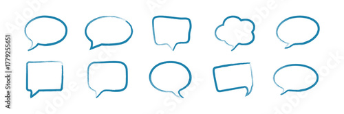 Chalk pencil speech bubbles doodle set. Crayon frames, comic talk balloon. Grange texture. various text clouds. Hand drawn vector illustration