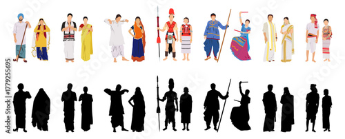 Couple of indian people wearing traditional attire with silhouette vector illustration.