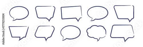 Set of Speech bubble chalk outline blanks Sketched textured comic talk frames. Round, square or rectangle balloon text box bundle. for dialogue cloud shapes, communication frame, text box. 
