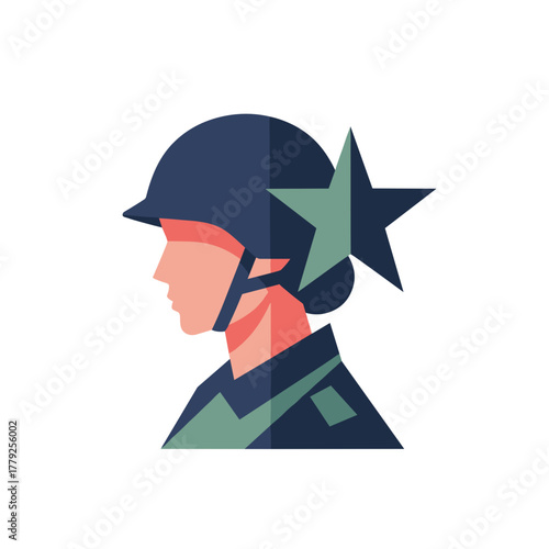 Profile of a female soldier wearing a helmet with a star emblem in a flat design, isolate