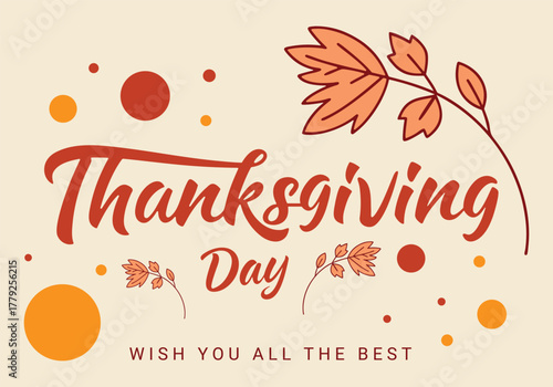 thanksgiving day vector illustration with autumn leaves, orange tones, abstract dots, and elegant handwritten typography design