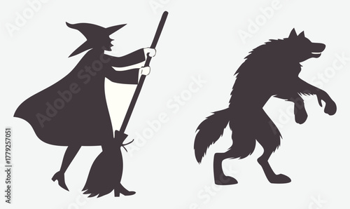 Witch and Werewolf Silhouettes – Halloween Fantasy Creatures in Black