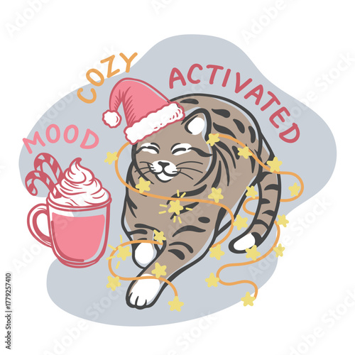 Cute Christmas cat illustration wearing a Santa hat, wrapped in festive lights with cocoa and candy canes. Mood Cozy Activated