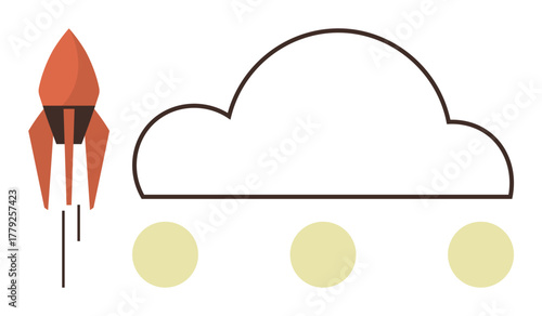 Rocket taking off next to outlined cloud and three yellow circles, symbolizing innovation, data storage, progress. Ideal for technology, development, growth. Bold and simple flat metaphor