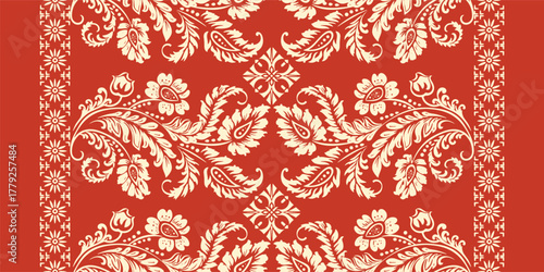 floral pattern vintage ethnic modern embroidery texture boho design vector illustration hand drawn pink flower motif branches leaves wallpaper seamless background border.	
