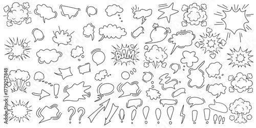 A huge set of dialog boxes, various hand-drawn options. A collection of speech bubbles for dialogue, doodle-style design on a white background. Vector
