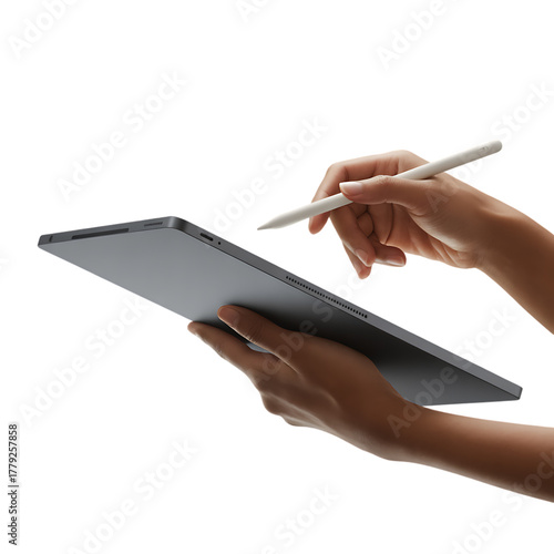 Hand using tablet isolated on transparent background