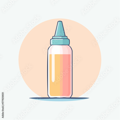 A tall pink and white bottle with a teal blue cap filled with light yellow liquid on a light blue base against a soft peach circle background