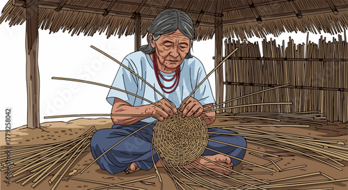 Woman weaving, creating a traditional craft in simple setting. Skilled woman weaving, using hands to intricately craft with natural materials. Illustrative representation of woman weaving,