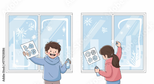 Children painting winter window, joyful siblings decorates frosty window with holiday stencils. Holiday stencils offer opportunity for creative expression,
