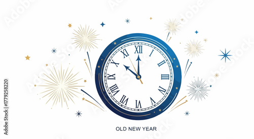 Old New Year clock face showing almost twelve o'clock with fireworks, Old New Year time concept. Clock face shows upcoming holidays, symbolizing end of year.