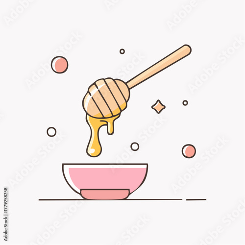 Golden Honey Dripping From Wooden Dipper Into Pink Bowl With Soft Light Background And Geometric Accents