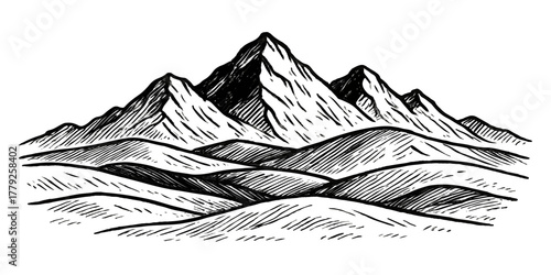 Vector illustration of a snowy mountain landscape with high peaks, ice, and glacier under a cold winter sky