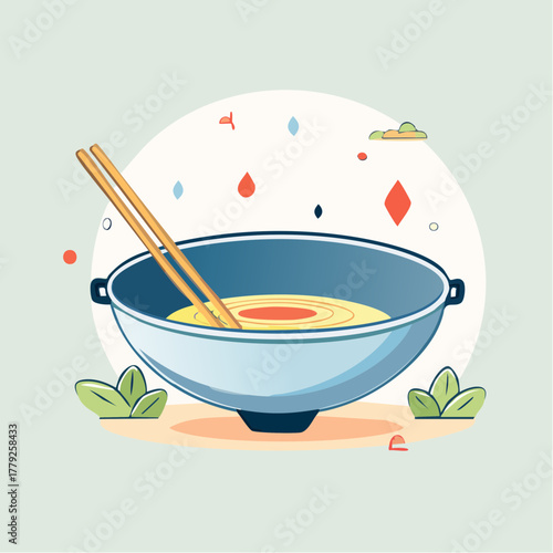 Minimalist Illustration Of A Bowl Of Noodles With Chopsticks And Floating Elements In A Light Blue And Orange Palette