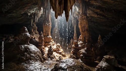 Capturing the majestic, ancient formations of stalagmites, highlighting their slow, deliberate growth over millennia within a subterranean chamber. Geological time and natural monumentality