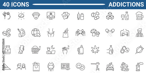 Addiction icon set. Containing tobacco, alcohol, cannabis, gambling, cocaine, drug and more. Outline Icon Collection. Vector illustration. Editable stroke
