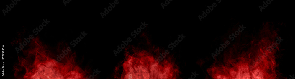 Fototapeta premium Set red dust and smoke rising on a black background, glowing atmospheric texture for visual effects, fire energy motion, abstract vapor form, and cinematic composition design. powder explosion