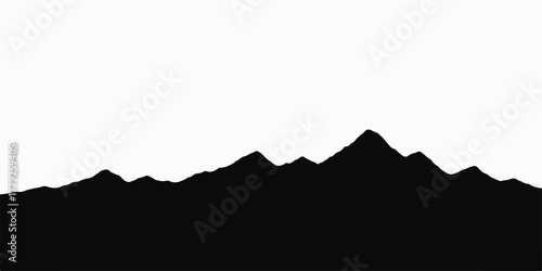 Vector illustration of a vibrant mountain landscape silhouette at sunset with orange and blue sky and mist
