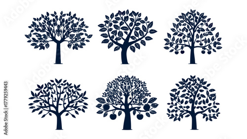Tree Silhouettes: A collection of six meticulously crafted tree silhouettes, perfect for adding an artistic touch to your designs, each showcasing a unique pattern of branches and foliage.