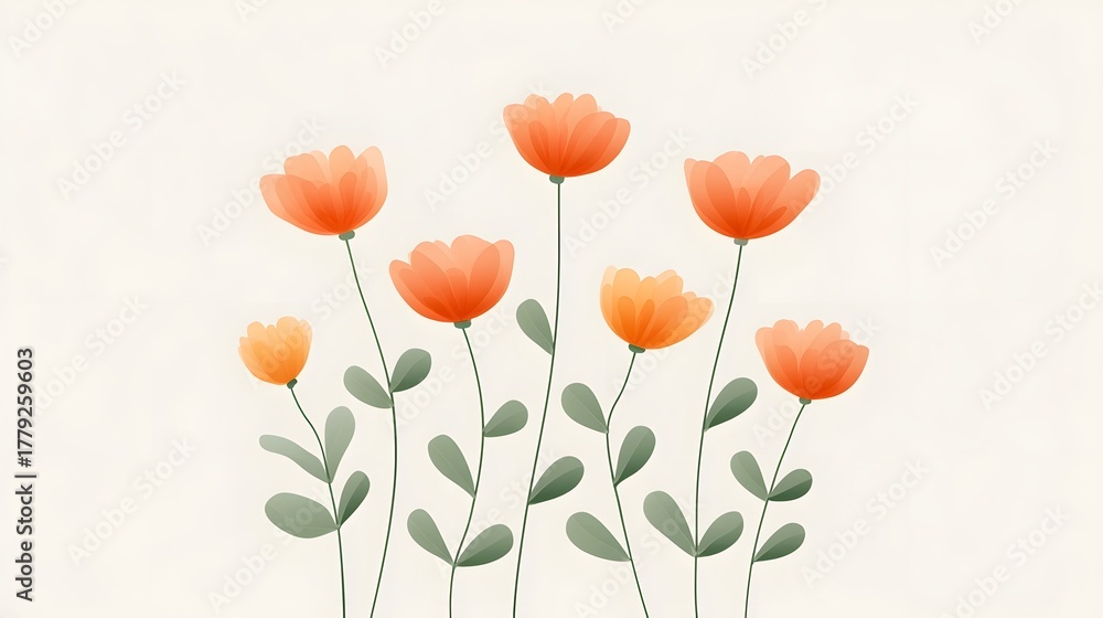 Fototapeta premium Stylized watercolor illust n of a small bouquet of blooming orange and yellow flowers featuring soft petals and simple green foliage against a textured neutral background