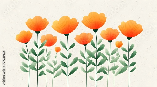 Stylized illust n of numerous blooming orange flowers with detailed petals and lush green foliage creating a bright and decorative natural scene on a subtly textured light colored backdrop