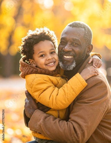A grandfather embraces his grandson in a park, smiling