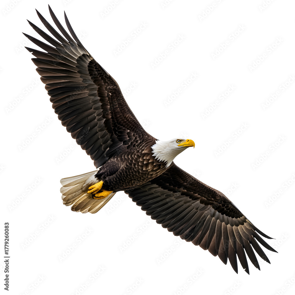 Obraz premium Majestic bald eagle mid-flight, wide wings, isolated on white.