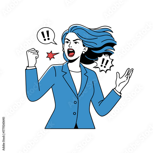 Blue suit woman expressing anger and frustration with open mouth and raised fist against a white background clean flat vector design