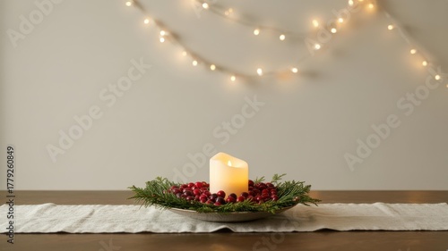 Cozy minimalist Christmas centerpiece — lit candle, cranberries & evergreen