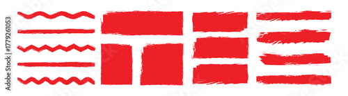 Red paint brush strokes and shapes. Collection of varied red ink brush strokes splatters and abstract shapes. Ink Brush Stroke Elements – Grunge Circles, Squares, and Frames.