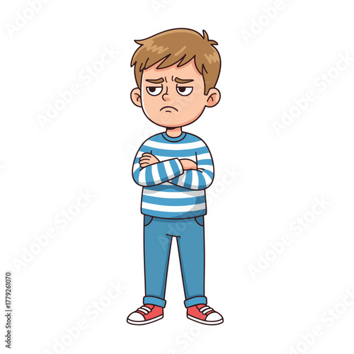 Cartoon Boy Standing Arms Crossed Looking Bored Wearing Blue Striped Long Sleeve Shirt and Blue Pants with White Sneakers on Black Background Flat Design