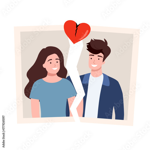 Divorce icon. Torn photo of couple in love. Break up. End of family life. Separation ex-wife and husband. Crisis relationship. Unhappy love. Vector flat illustration