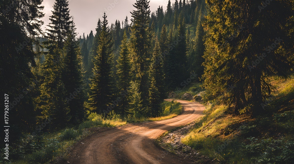 Fototapeta premium Winding dirt road traverses a dense evergreen forest illuminated by sunlight