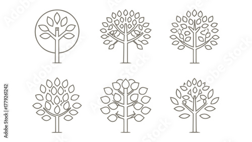 Botanical Collection: An illustrative ensemble of stylized trees, presented in a minimalist line art style, perfect for conceptual design or nature-themed projects.