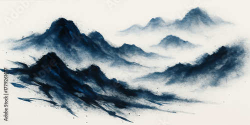 Mountain landscape vector illustration with clouds and sunset sky