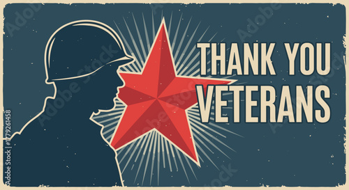 Vintage military graphic thanking veterans with red star background  