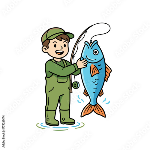 Cartoon Fisherman Standing Confidently Holding a Big Blue Fish with a Fishing Rod on a Clean Vector Background