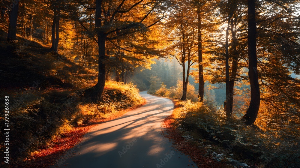 Obraz premium Winding asphalt road curves through a sunlit forest displaying vibrant autumnal foliage
