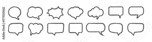 Set of Speech bubble chalk outline blanks Sketched textured comic talk frames. Round, square or rectangle balloon text box bundle. for dialogue cloud shapes, communication frame, text box. 