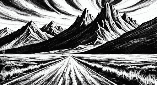 Ink wash style illustration of a desolate highway pointing towards a formidable mountain range, a powerful visual concept of facing future challenges