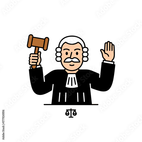 Cartoon Judge In A Black Robe Holding A Gavel And Raising His Hand In Courtroom With A White Wig And Black Background