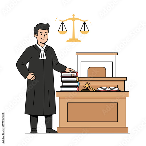 Cartoon Lawyer Standing Next To A Wooden Desk With Books And Gavel In A Courtroom With Scales Of Justice Above