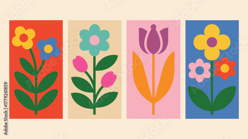 Four colorful retro floral art prints