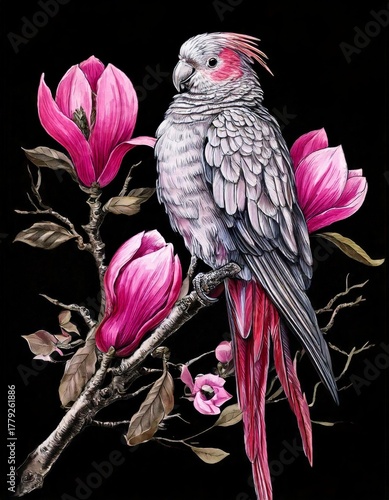 Parrot Perched on Branch Surrounded by Vibrant Magenta Flowers of a Magnolia Tree in High Fidelity Illustration