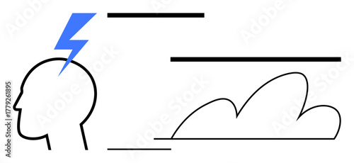 Human head outline with blue lightning bolt symbolizing ideas. Nearby abstract lines and cloud shapes evoke thoughts. Ideal for creativity, brainstorming, inspiration, innovation, energy