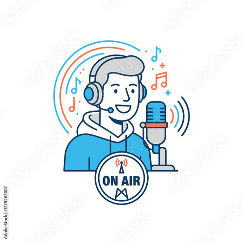 Cartoon Man Wearing Headphones Broadcasting With Microphone And Laptop On Air Sign White Background Clean Vector Design