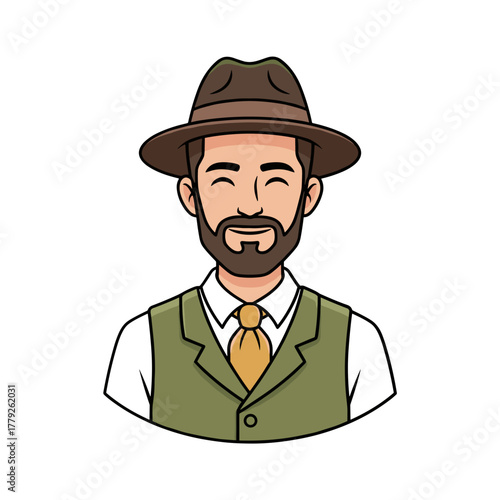 Cartoon man with beard wearing fedora hat and waistcoat with yellow tie smiling warmly on a black background