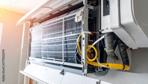 Air Conditioning Unit Partially Opened for Maintenance with Studio Lighting for High Fidelity Image Capture