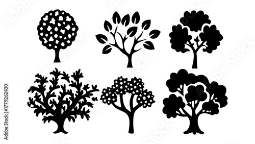 Diverse Tree Silhouettes: A collection of various tree silhouettes, each with unique leaf structures and branch patterns, showcases the beauty and diversity of the arboreal world.